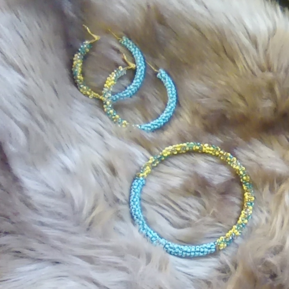Baby Blue + Yellow + Tan Hoop Earring Bangle Set